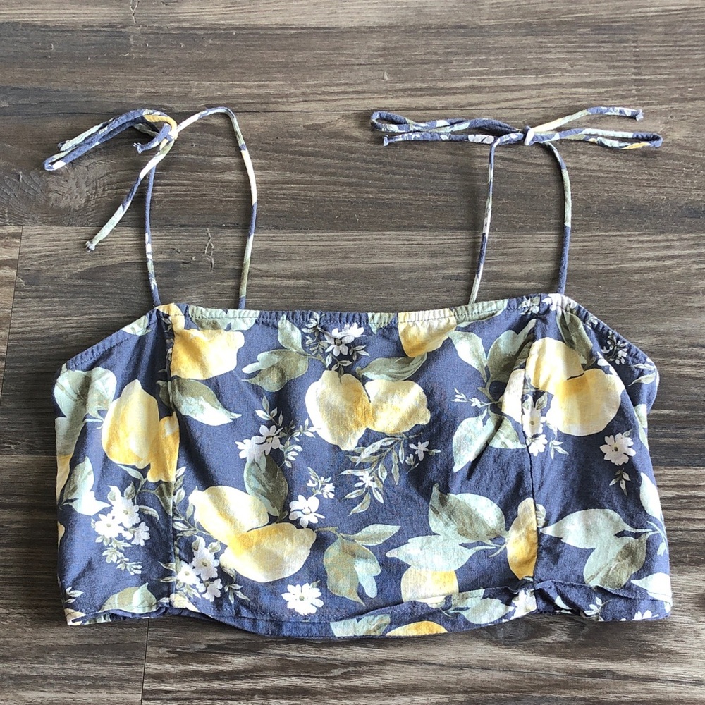 Abercrombie and Fitch Lemon Print Tie Strap Crop Top Linen Blend Smocked